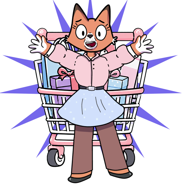 Blake the fox cheering in front of a full shopping cart